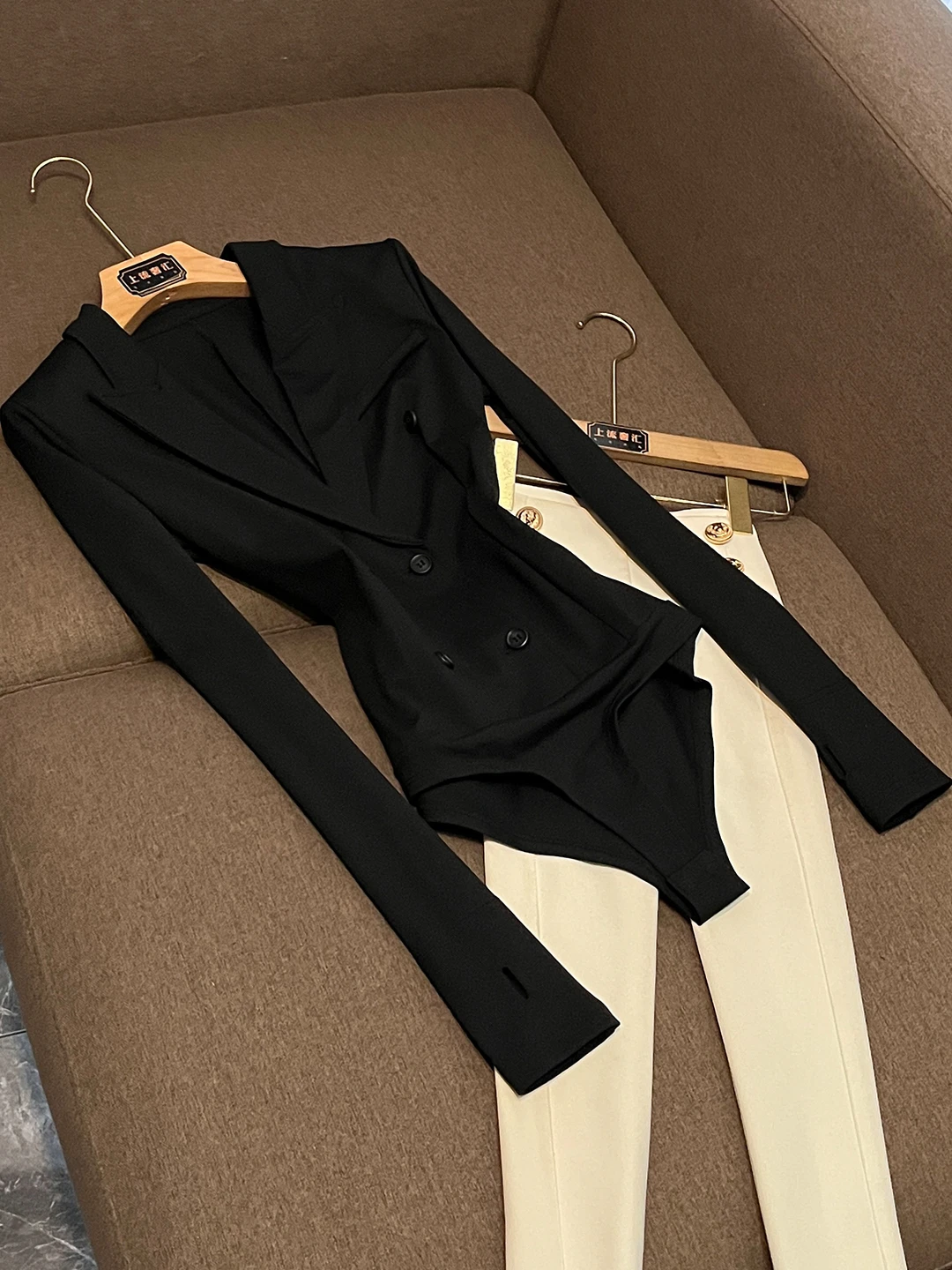 

Autumn Winter Slim Fit Knitted Jumpsuit Women's Double Breasted Suit Top Elastic Long Sve Commute Sle Online Exclusive X745