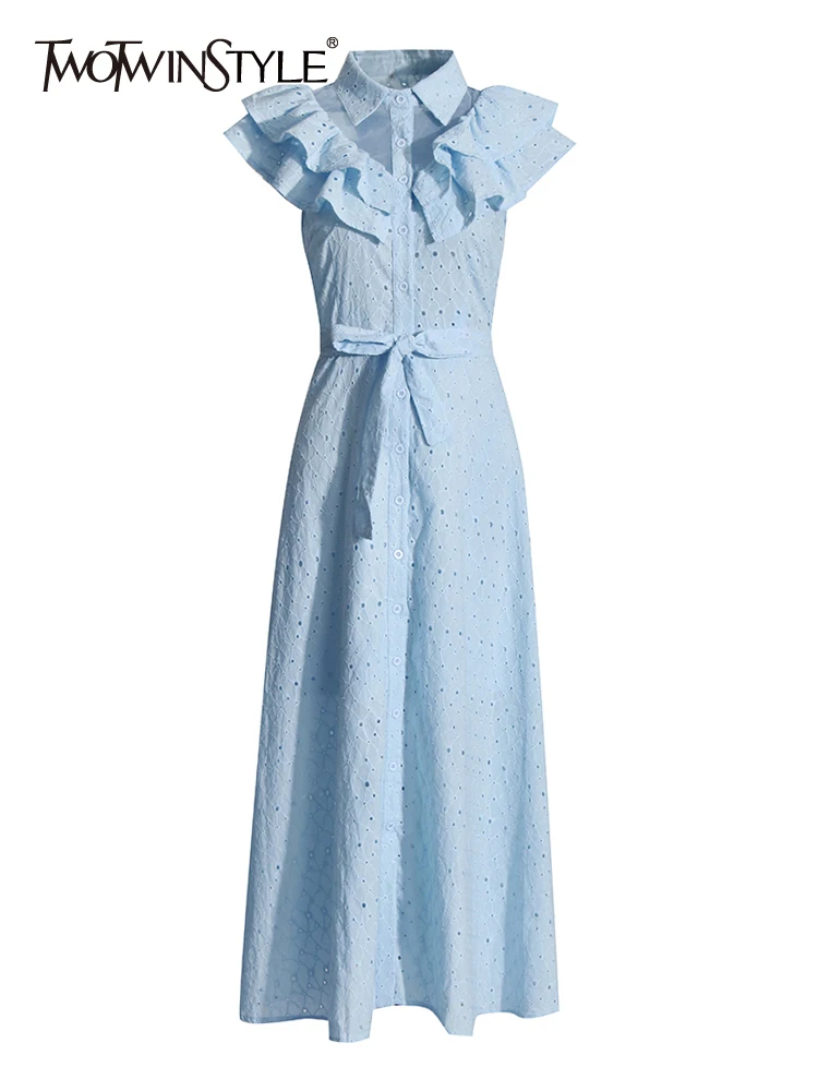 

TWOTWINSTYLE Solid Splliced Button Cut Out Dress For Women Lapel Sleeveless High Waist Patchwork Lace Up Slimming Dresses Female