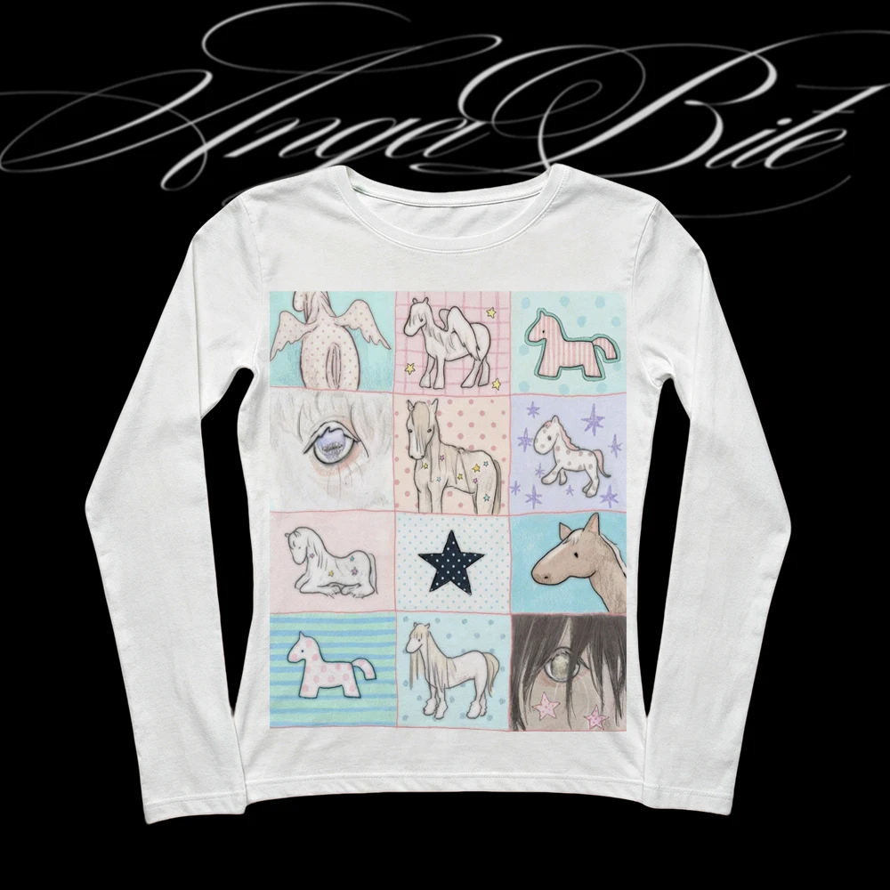 Coquette Alt Women Cute Hand Drawn Pony Patchwork Print Long Sleeve Tee Crew Neck Slim Y2K Grunge Vintage Top