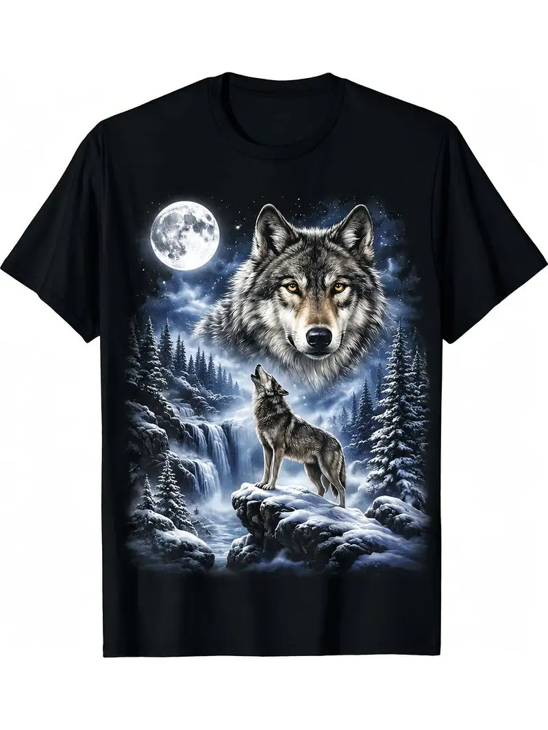 Men's Retro Wolf & Moon Fantasy T-Shirt - Wolf Howling Moon Graphic, Round Neck Regular Fit Casual Tee Suitable for - Wear, Themed Events & Everyday Outfits - Machine Washable Male Apparel
