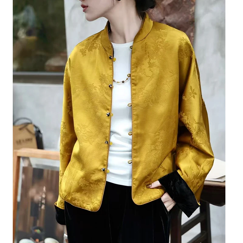 Retro Double Sided Wearable Spring and Autumn New Chinese style Jacquard Silk + Velvet Contrasting Color Cuff Women's Coat S-XXL