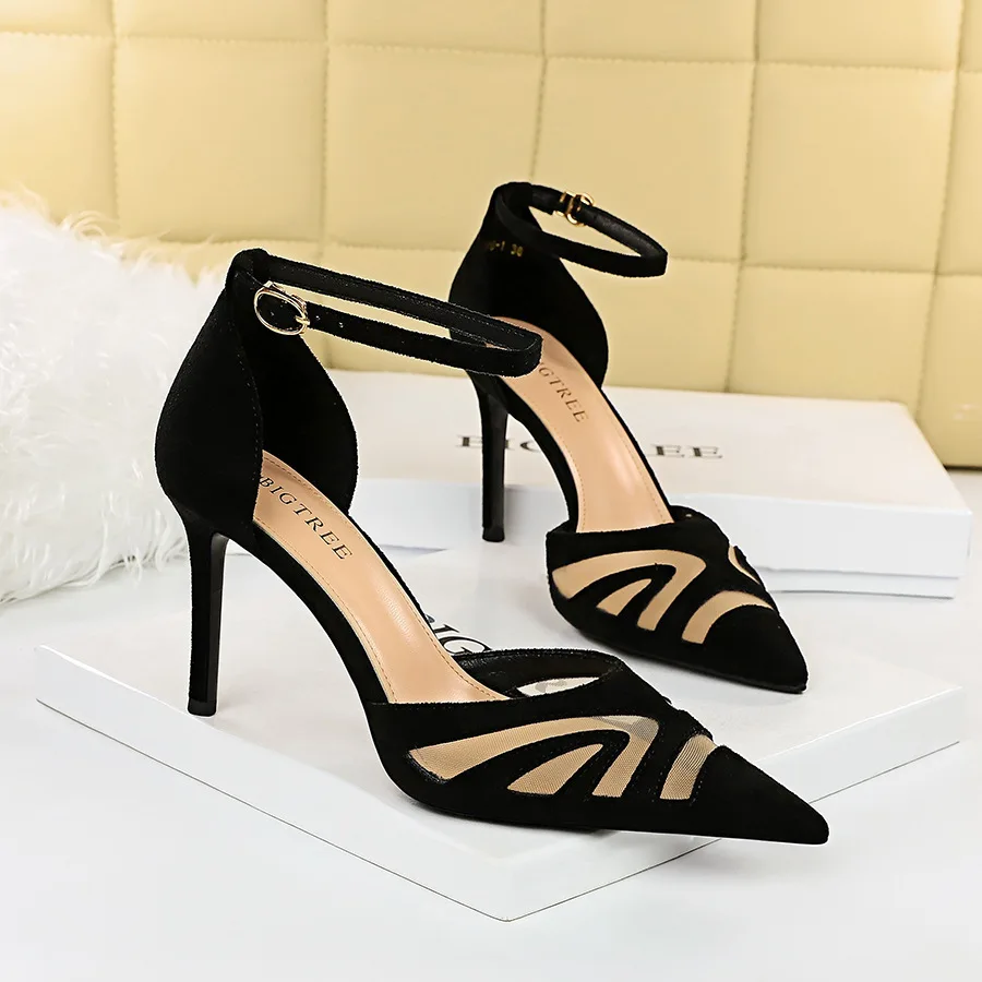 Slim High Heel Front Shallow Mouth Pointed Sexy Nightclub Mesh Hollow Out One Line Strap Sandals Shoes Women Pumps