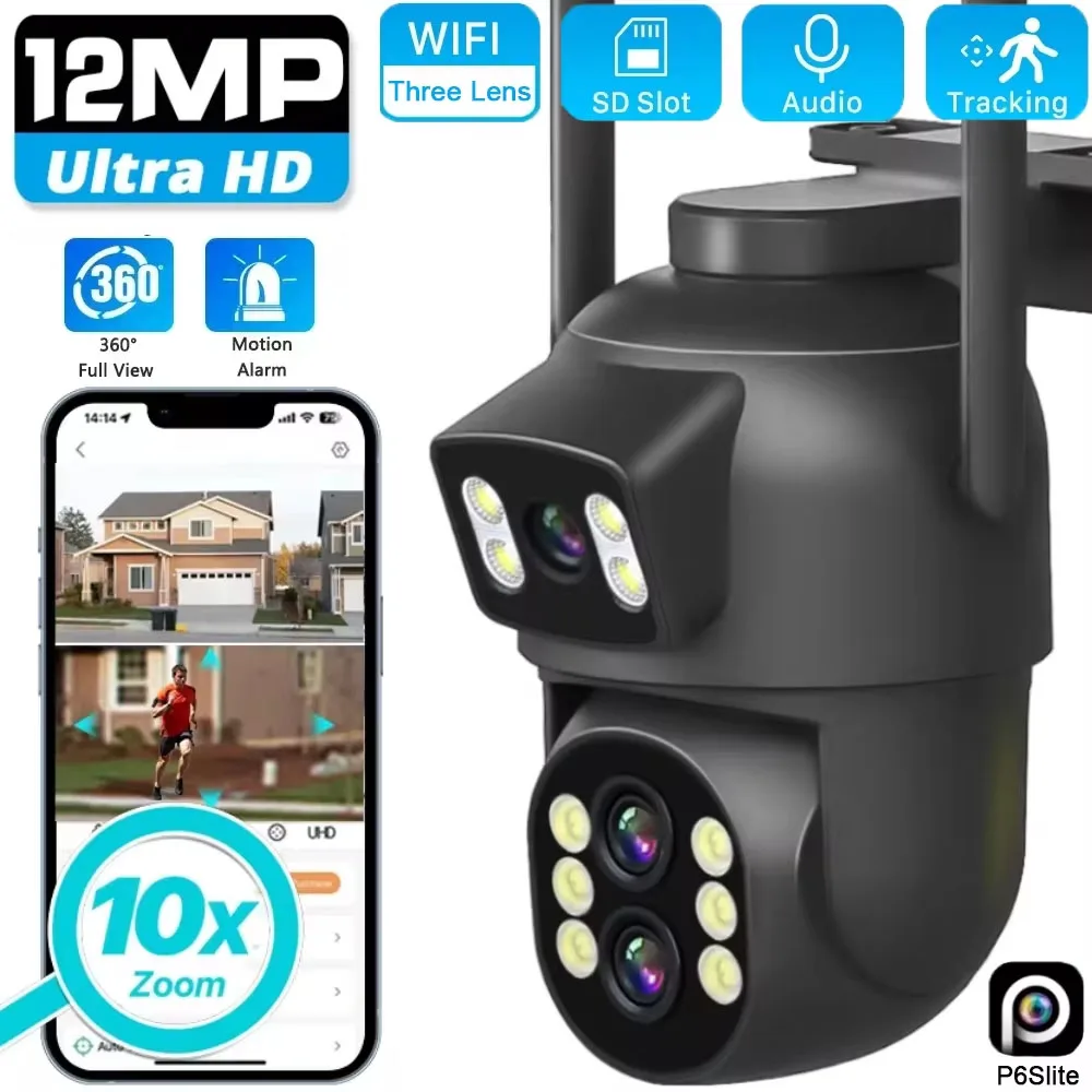 12MP 4K PTZ WiFi Camera Three Lenses Outdoor 10x Zoom Cam AI Human Detection Security Night Vision Monitoring Intelligent IPCCTV