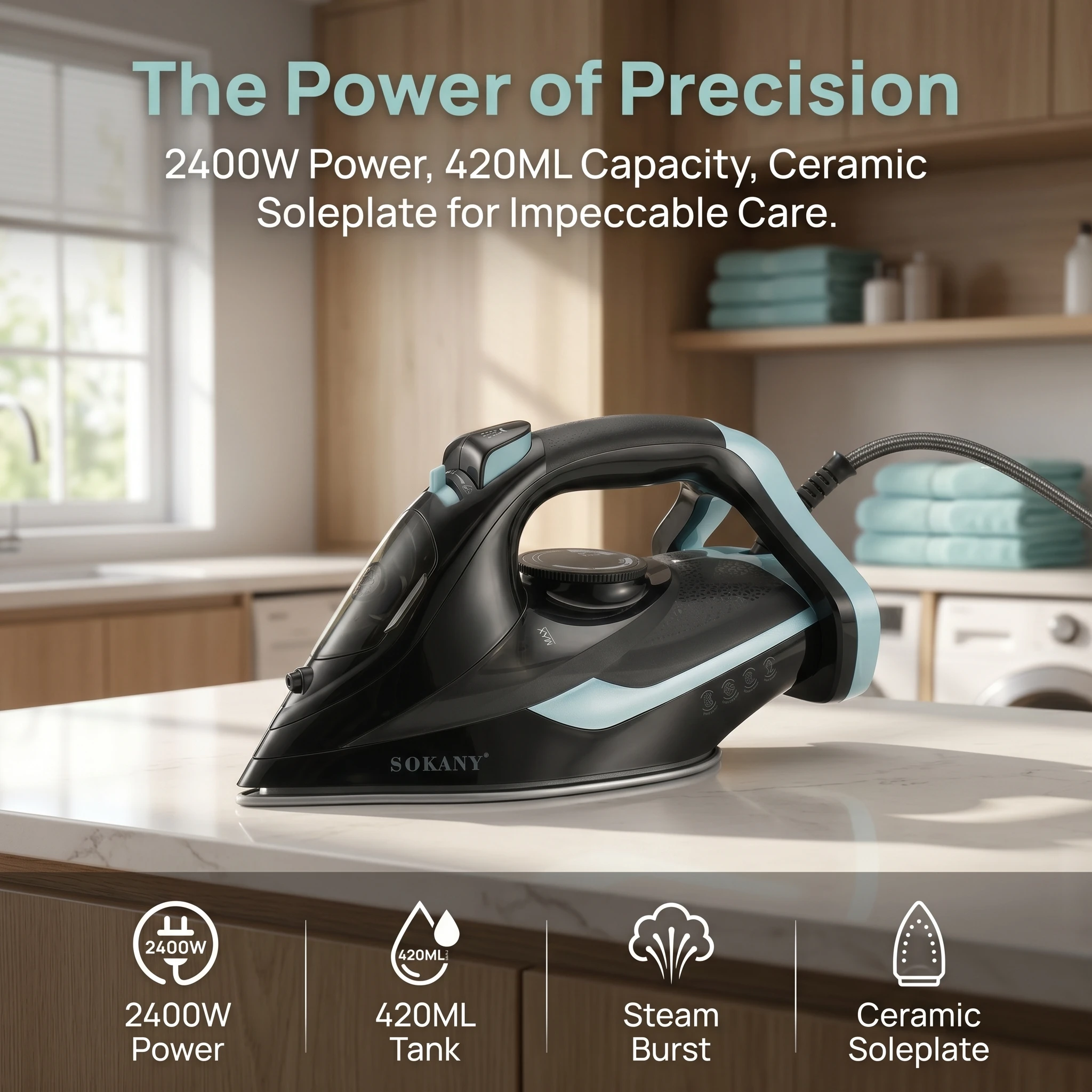 

2400W Electric Steam Iron with Ceramic Coated Soleplate, Household Steam Electric Iron with Adjustable Temperature