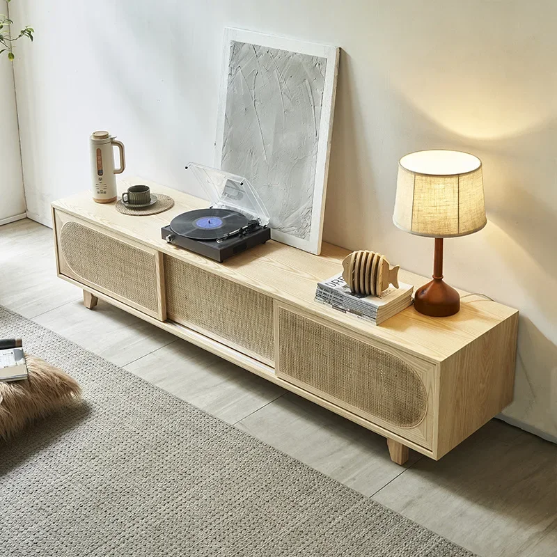 Nordic simple rattan solid wood TV cabinet small apartment household audio-visual cabinet creative storage cabinet living room s