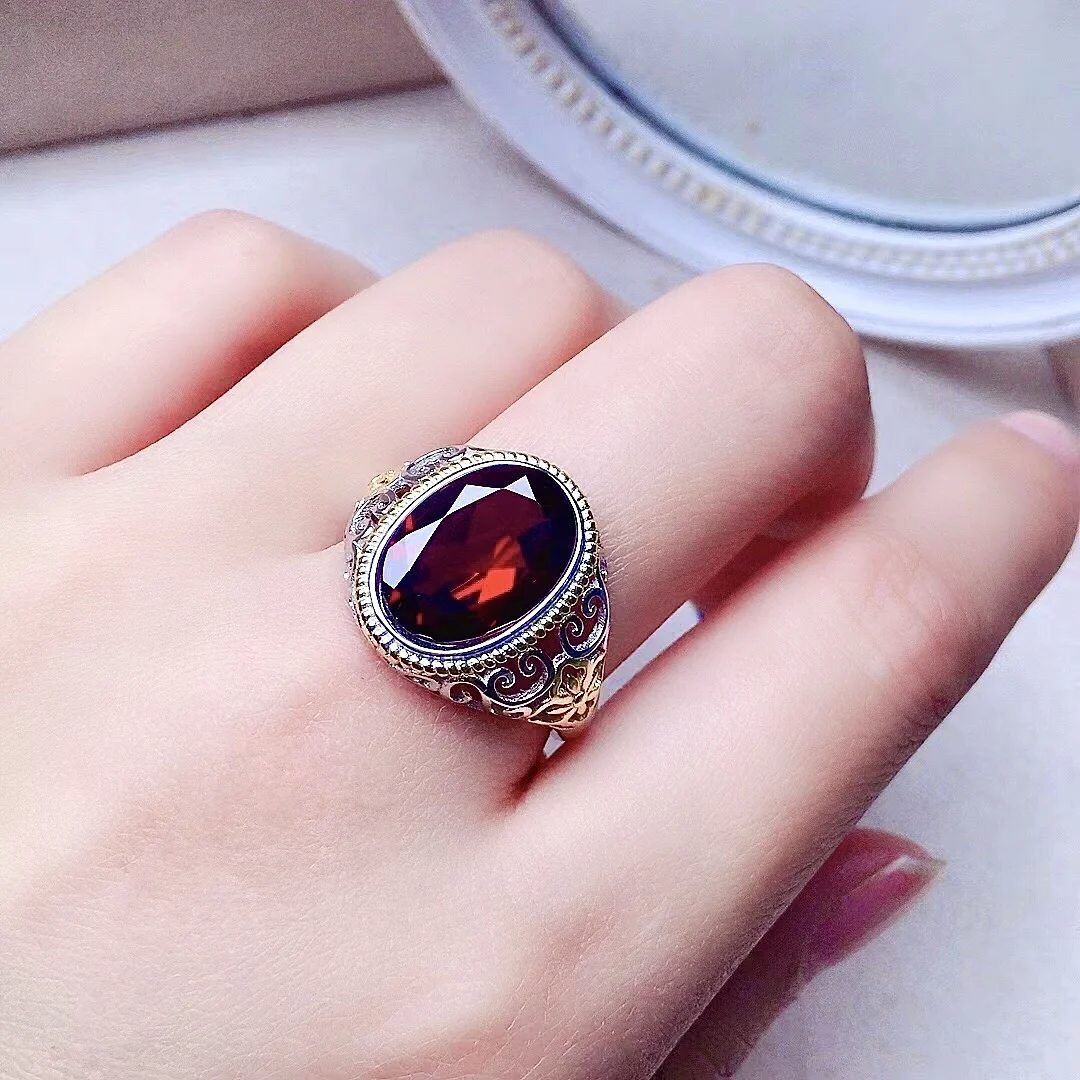 

Natural Garnet Ring Fashion Man Ring for Daily Wear 10mm*14mm Solid 925 Silver Garnet Man Ring Gift for Boyfriend