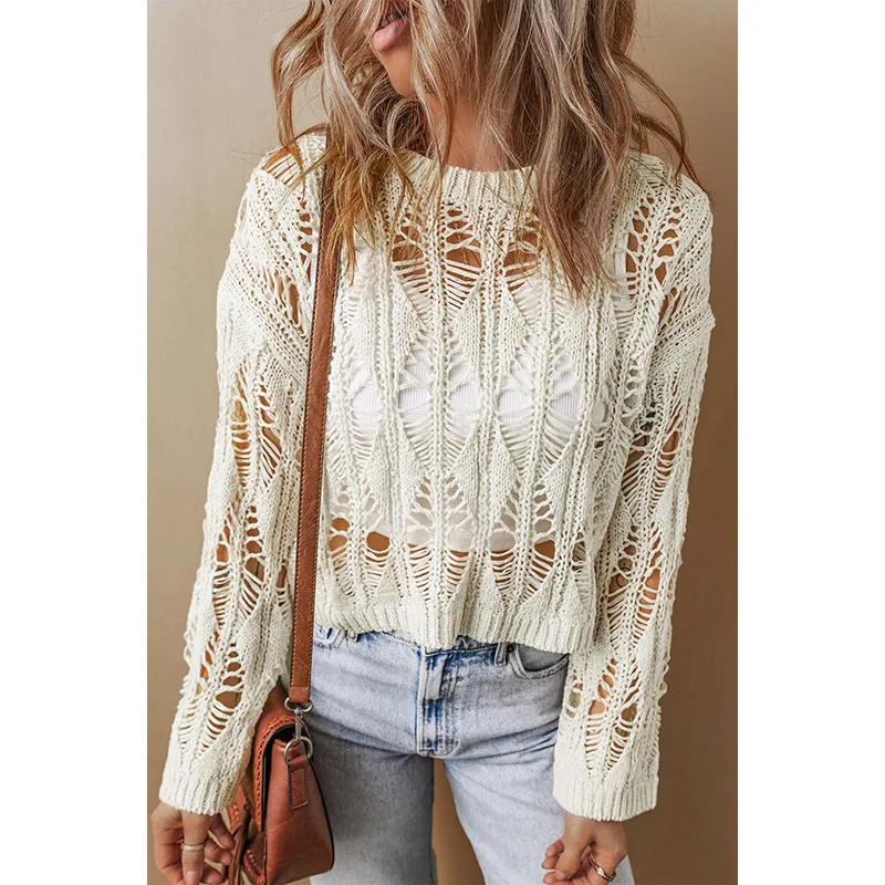 2024 Autumn Winter Women's Oversized Pullover Sweater with Hollow Crochet Detailing Casual Loose Fit