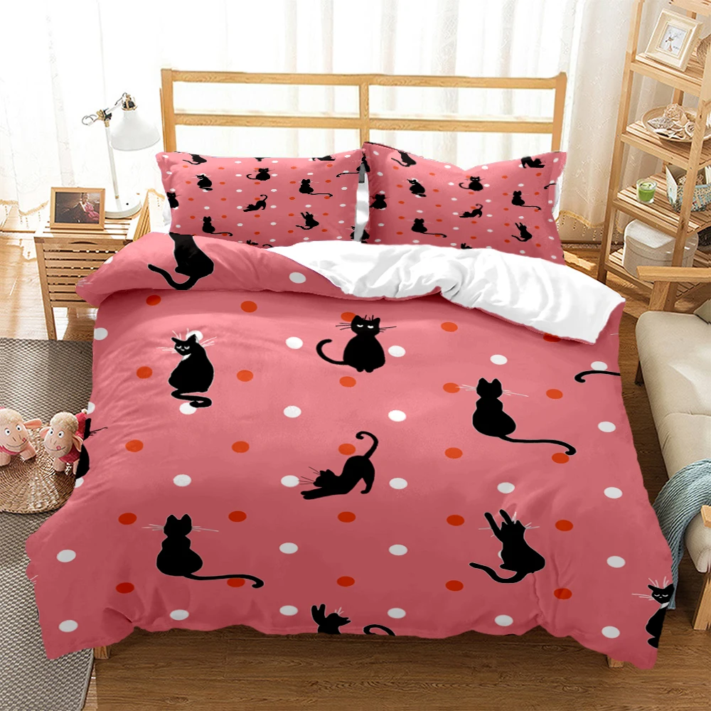 

Cartoon Cat Print Polyester Bedding Sets，Teens King Size Bedding Set，Kids Or Adults For Beds Quilt Cover Pillowcase Bedding Set