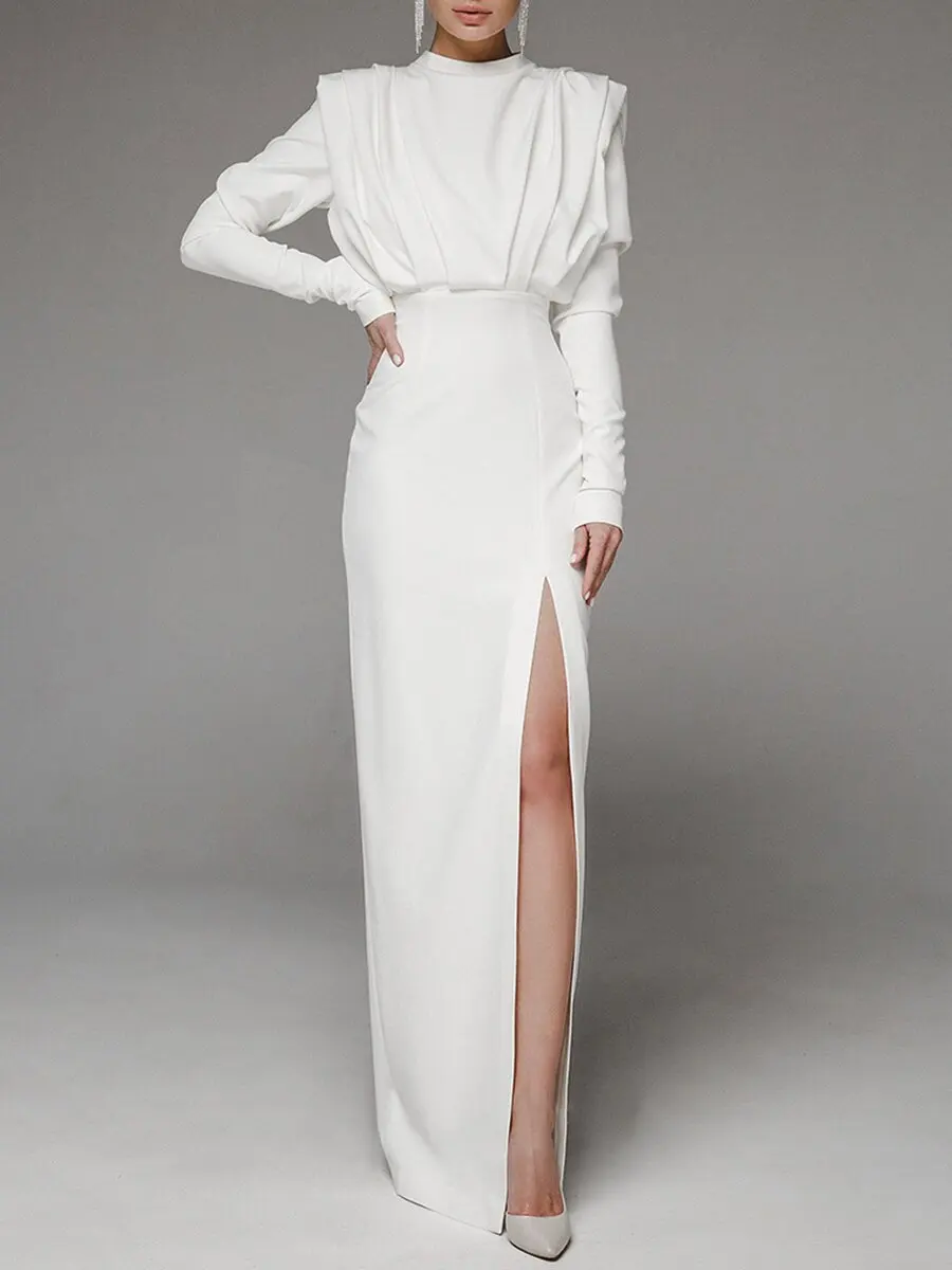 Sukienki z rozcięciem z wysokim kołnierzem dla kobiet Casual Long Sleeve Solid Long Abaya Spring Summer Muslim Drsss Women Party Evening Dress