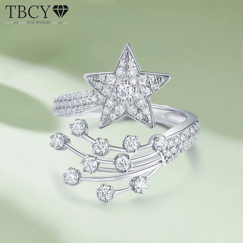 

TBCYD D Color VVS1 Full Real Moissanite Diamond Rings For Women S925 Silver Pentagram Open Band Original Luxury Fine Jewelry