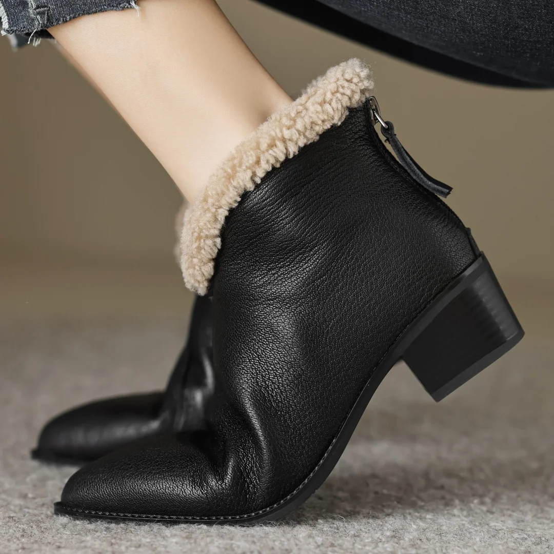 

Women's sheepskin 4.5cm thick med heel pointed toe back zip autumn ankle boots warm plush female cold weather short booties shoe