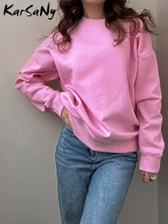 KarSaNy-sudaderas rosas con cuello redondo para mujer, Tops de gran tamaño, sudaderas básicas de manga larga, ropa holgada de gran tamaño