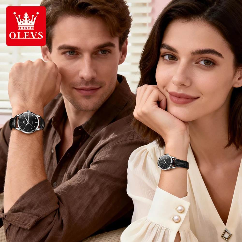 OLEVS Original Couple Watch Mens Watches Leather Luxury Fashion Dress Analog Quartz Wrist Watch Luminous Waterproof Date 6898