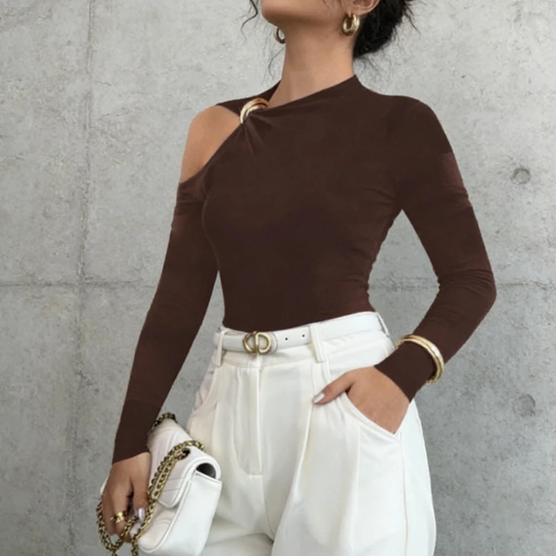 Casual Unregelmäßigen Hals Einfarbig Top Elegante Off schulter Slim Fit Langarm Bluse Frauen Mode Aushöhlen Streetwear Shirt