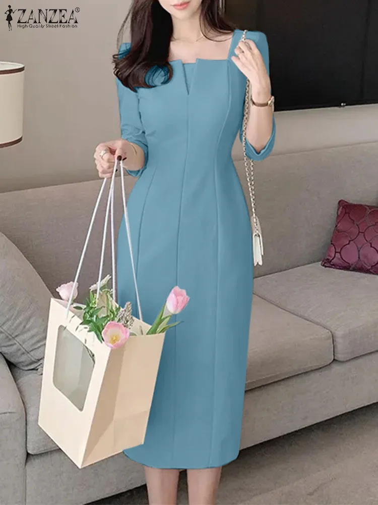 ZANZEA Square Neck Women Knee-length Dress Spliced Slim 3/4 Sleeve Commute Party Vestido Casual Solid Fashion Elegant Short Robe