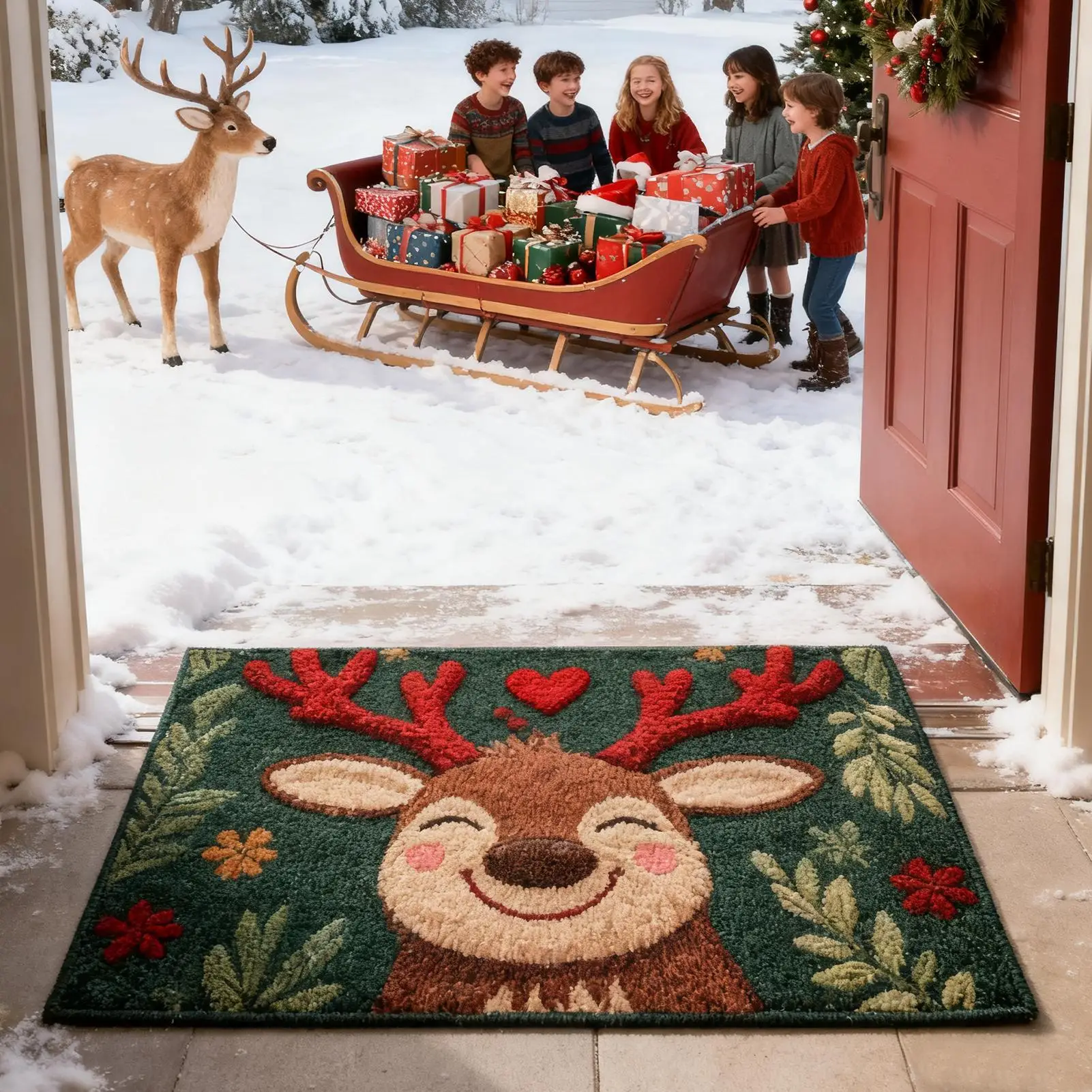 Tapis de sol pour porte d'entrée, arbre de noël, père noël, élan, décorations festives, salle de bain, antidérapant, paillasson d'entrée