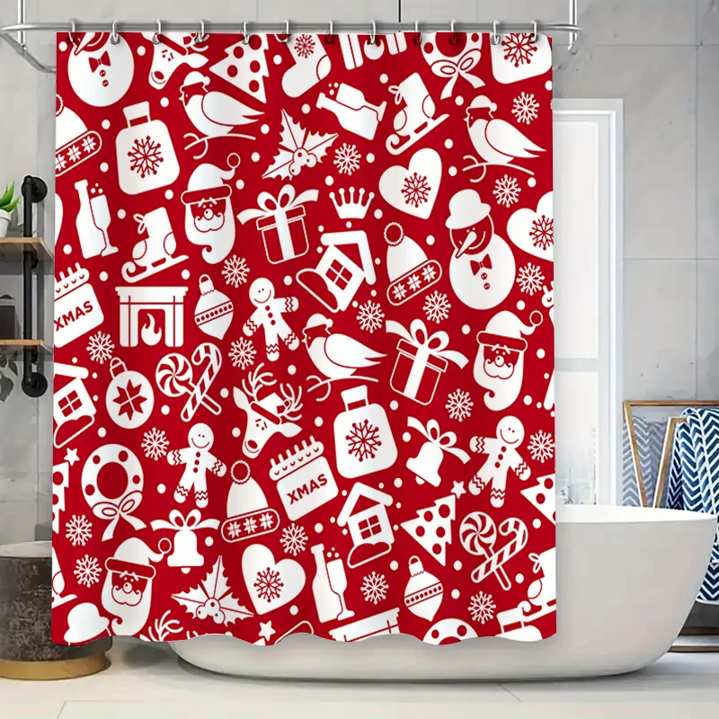 X-Mas Decorative Shower Curtain for Bathtub with Red Snowman Santa Claus Pattern Waterproof Home Decoration 69 x 70 inches