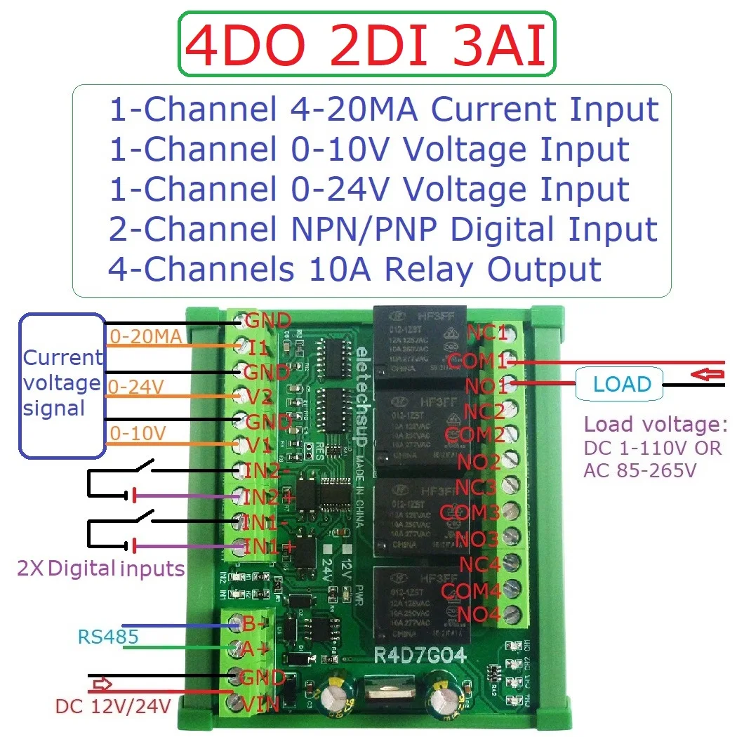 

3AI RS485 Modbus 4DO 2DI RTU Multifunction Relay Module PLC IO Expanding Board 4-20MA 0-10V Current Voltage Collector