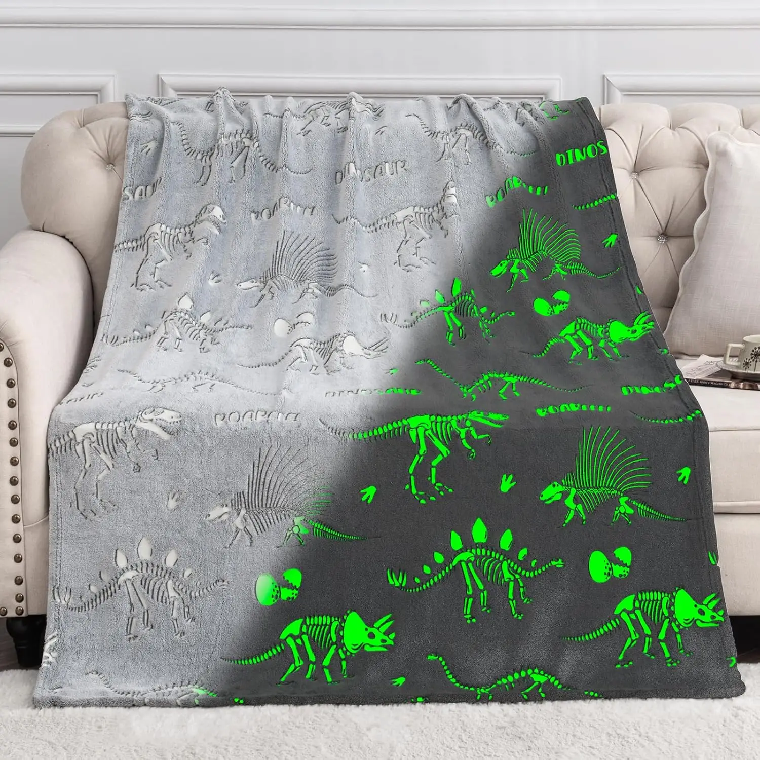 

Dinosaur Gifts Toys for Kids Boys Dino Glow in The Dark Blanket Christmas Birthday Gift for Teen Girls Children Throw Gray