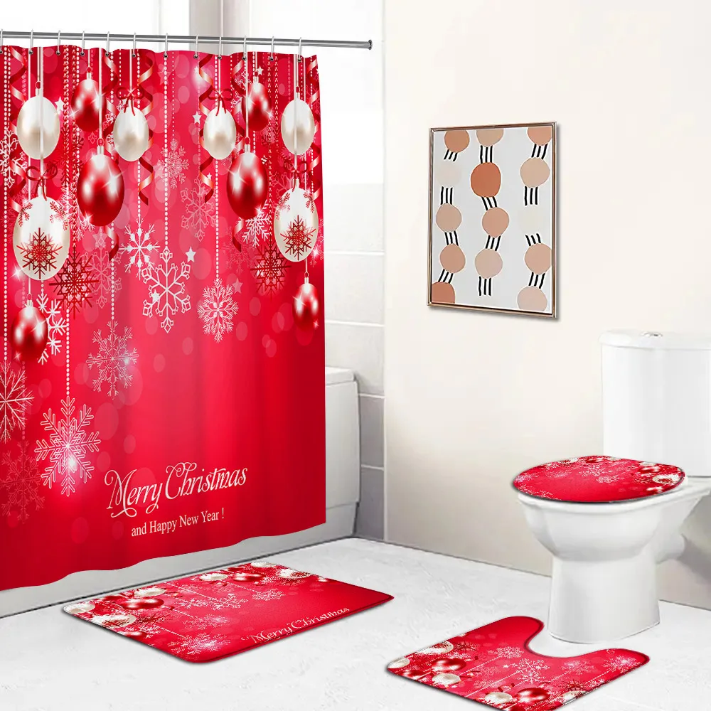 Christmas Shower Curtains Set Blue Rope Ball Snowflake Xmas New Year Home Bathroom Decor Bath Mats Non-Slip Rug Toilet Lid Cover