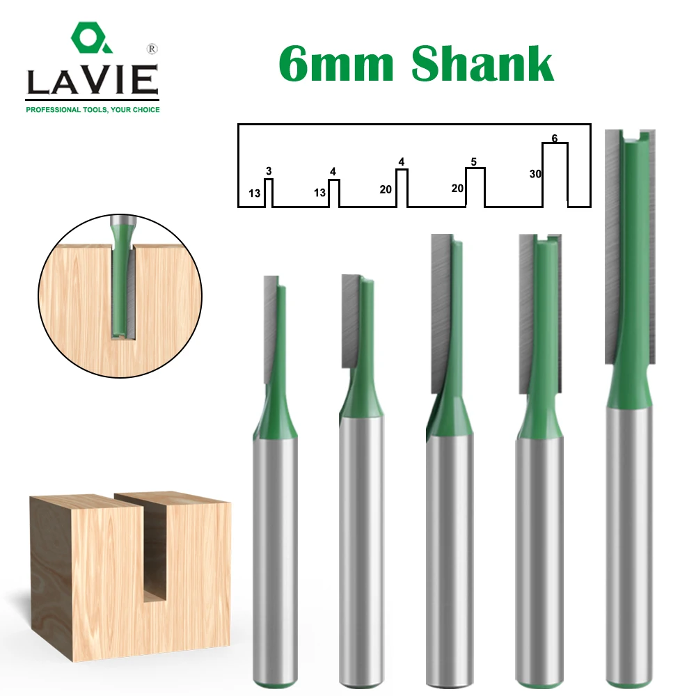 LAVIE 5pcs 6mm Shank Single Straight Bit Double Flute Milling Cutter for Wood Tungsten Carbide Router Bit Woodwork Tool MC06022