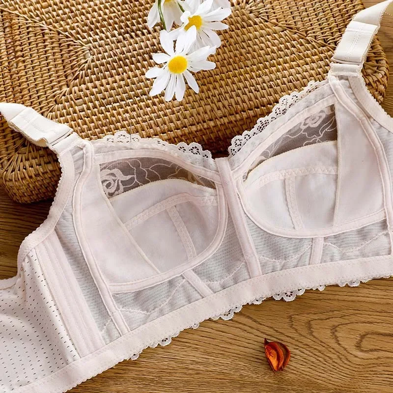 Womens Minimizer Bra Full Coverage Wireless Bra Non-padded Lace Floral Embroidery Ultra-thin Unlined Bra Longerie for Woman 90 E