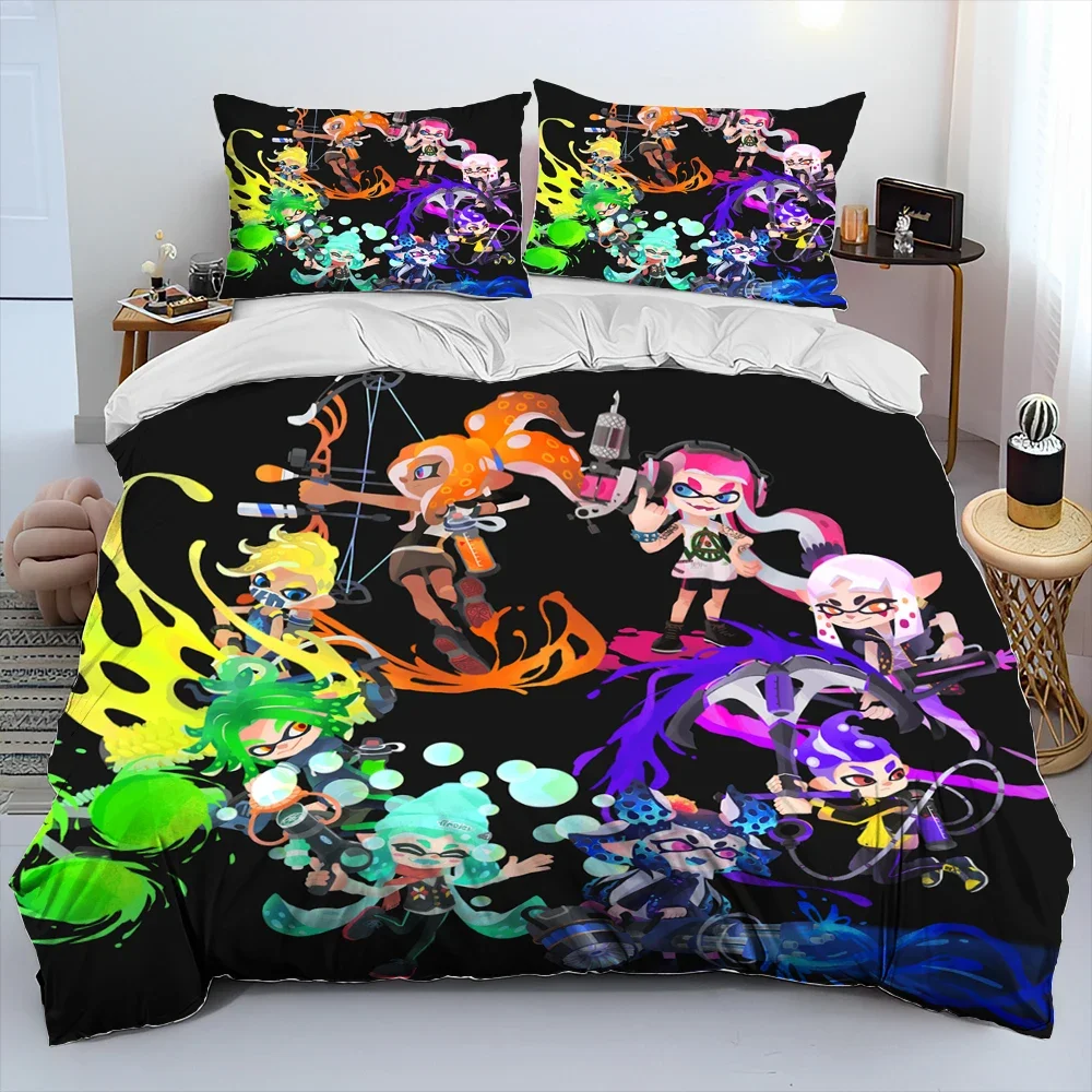 

S-Splatoon Game Gamer Cartoon Comforter Bedding Set,Duvet Cover Bed Set Quilt Cover Pillowcase,King Queen Size Bedding Set Kids