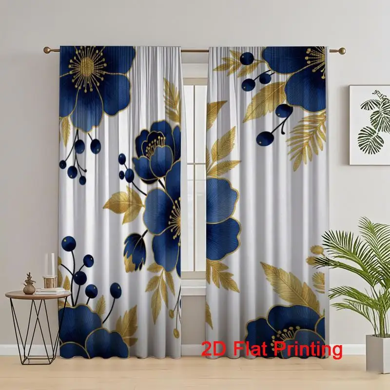 Modern Blue Floral Printed Curtains 2 Panels Light Filtering Window Drapes with Gold Leaves for Living Room Bedroom