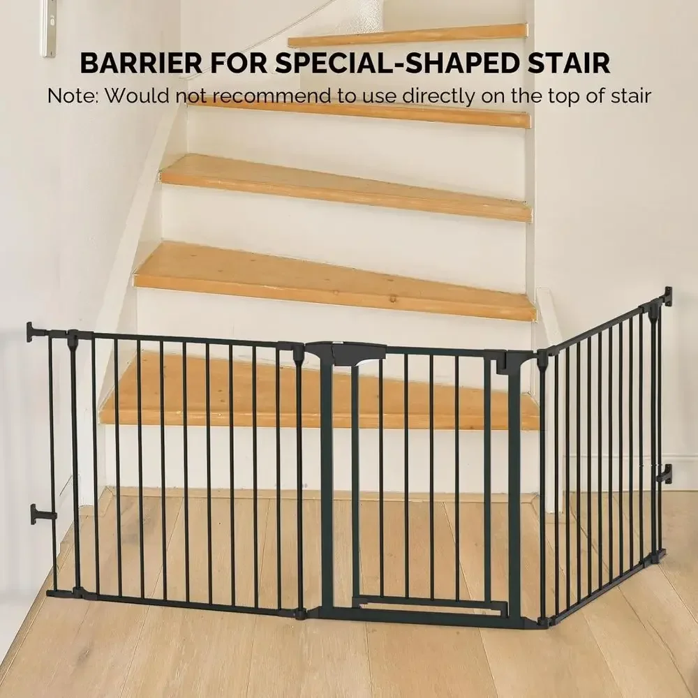 Adjustable 5-Panel Metal Baby Gate, Safety Fence for Toddlers, Pets, and Dogs, with 4 Wall Mounts, Black