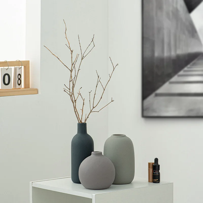 Grey Morandi Ceramic Vase Dry Flower Simulation Flower Desktop Ornament Advanced Flower Sensory Set Practical Desktop Ornaments