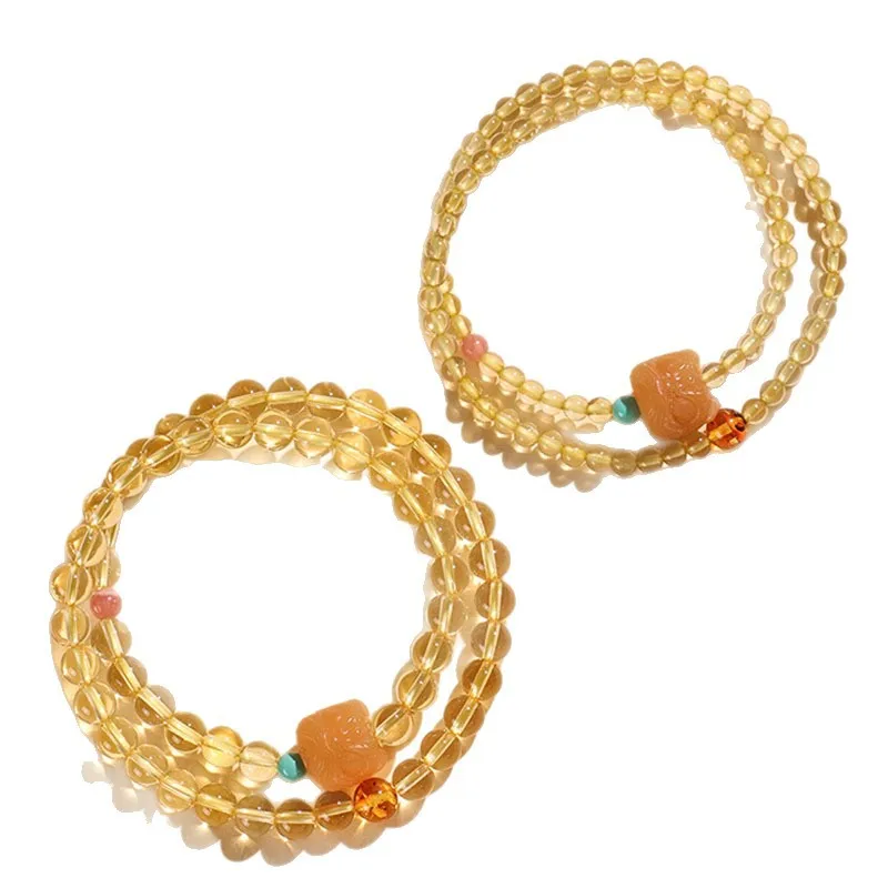 

Citrine Wealth Attracting Double Wrap Bracelet for Women Minimalist Premium Bodhi Lion Amber Beaded Jewelry Gifts