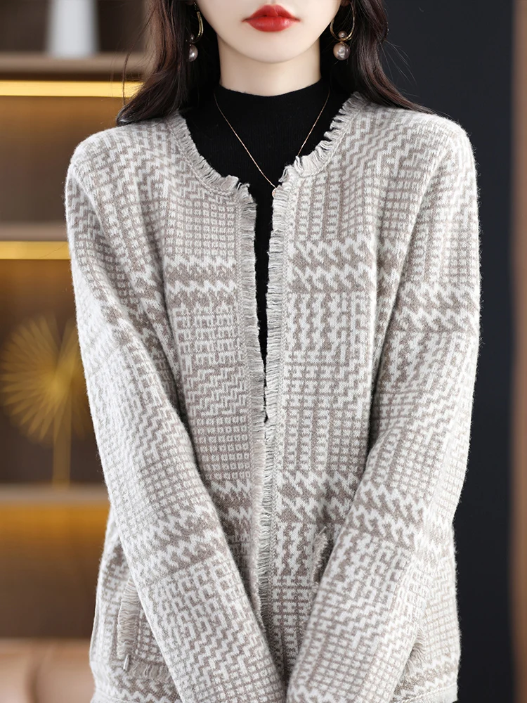 แฟชั่นผู้หญิงแคชเมียร์เสื้อสเวตเตอร์ถักฤดูใบไม้ร่วงฤดูหนาวหนาสบายๆหลวมสไตล์เสื้อกันหนาว 100% Merino ขนสัตว์เสื้อถัก Checkered รูปแบบ Tops