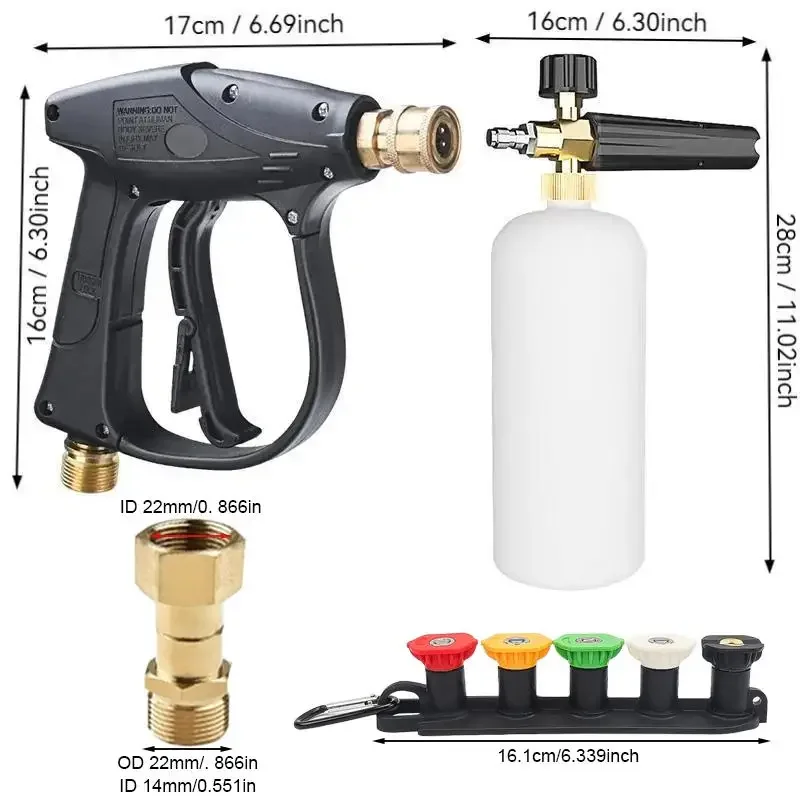 Foam Cannon Kit M22-14mm Interface, 5 Stainless Steel Nozzles Compact Lightweight for Car Washing & Care