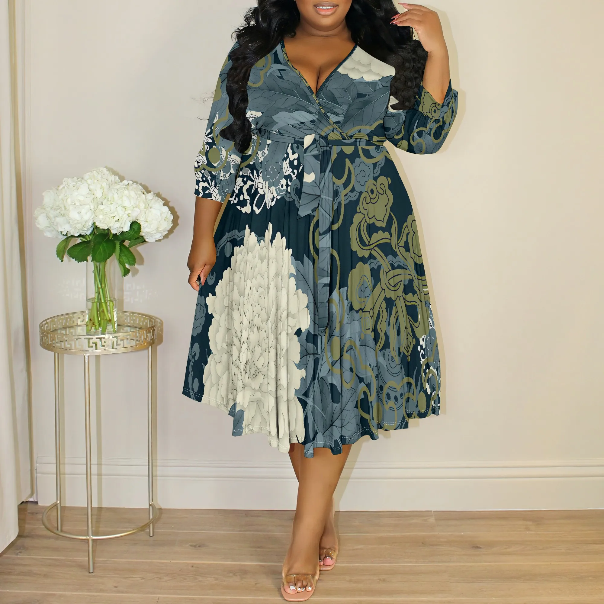 

Plus Size Women's Pullover Sexy 3/4 Sleeve V Neck Fashion Printed Summer Casual Maxi Dress