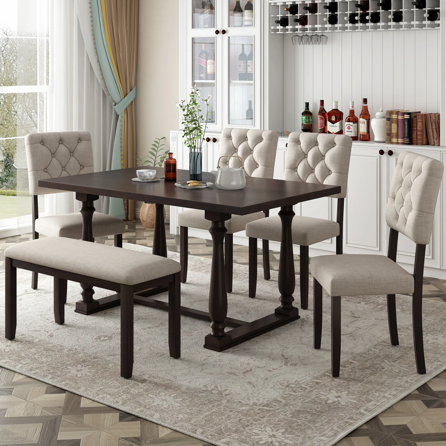 

TREXM 6-Piece Dining Table and Chair Set with Special-shaped Legs and Foam-covered Seat Backs&Cushions for Dining Room (Espresso