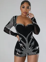 Sexy Rhinestone Playsuits Black Mesh Bodycon Jumpsuit Long Sleeve Night Club Outfits Women Rompers Party Corset Jumpsuits Shorts