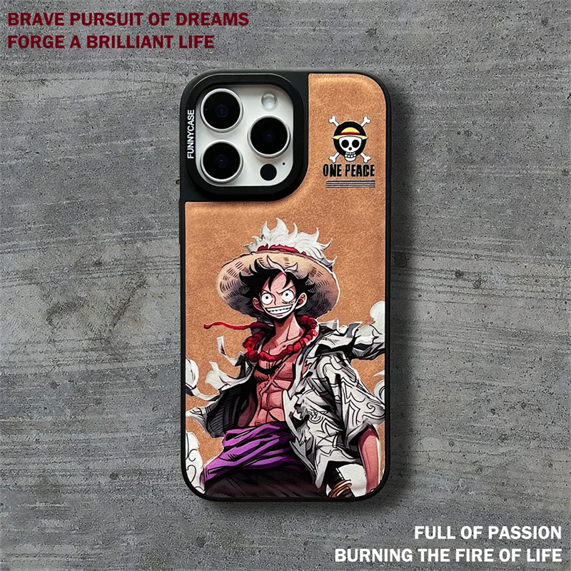 Anime Cartoon One Piece Veneering Leather Phone Case For iPhone 16 15 14 13 Pro Max Cute Matte Shockproof Hard Proteciton Cover