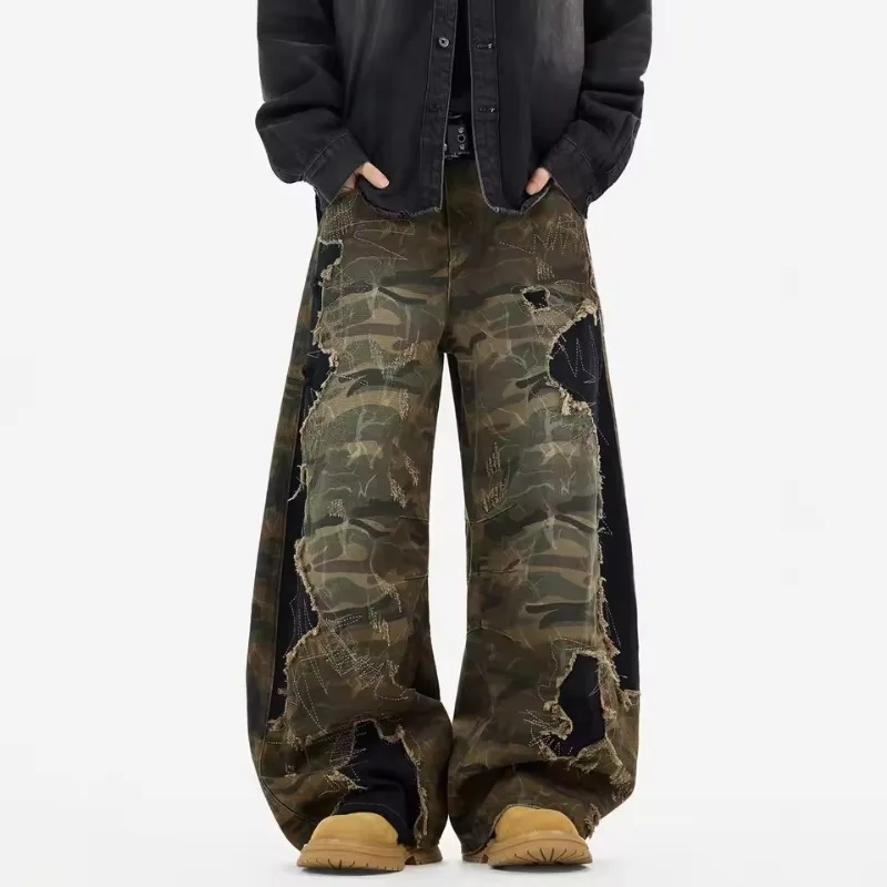 

Модные винтажные мужские джинсы-бут кут, в стиле стрит-чик, с нашивками, эффектом потертости, рваными краями, деним, свободные, широкие штанины, длинные брюки