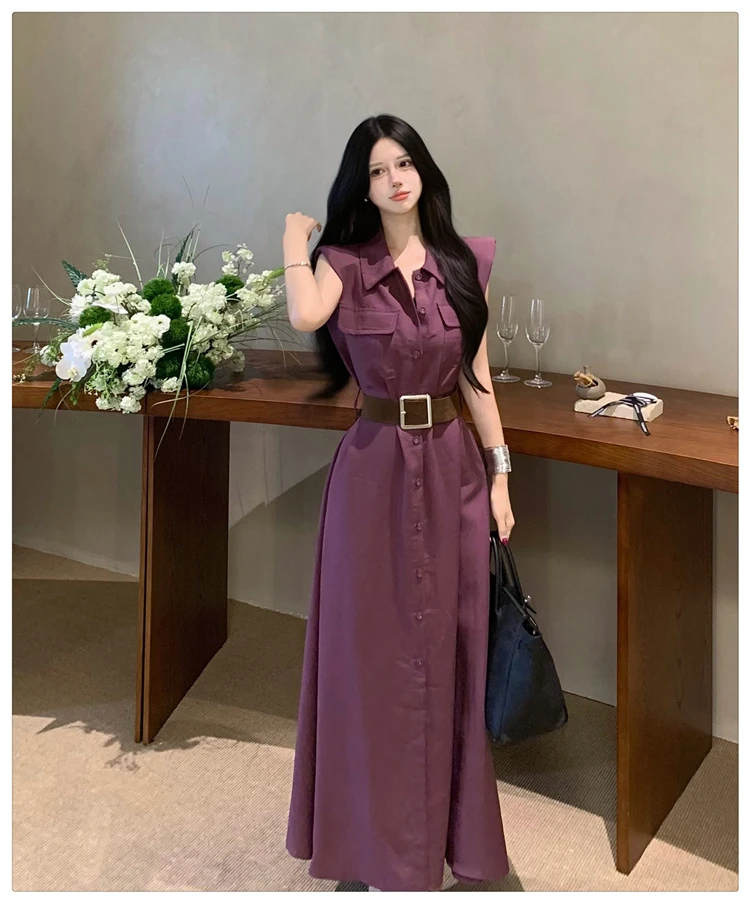 2025 Korean Style Turn-down Collar Single-breasted Sleeveless Long Purple Shirt Dress with Belt Women Elegant Fashion Summer New