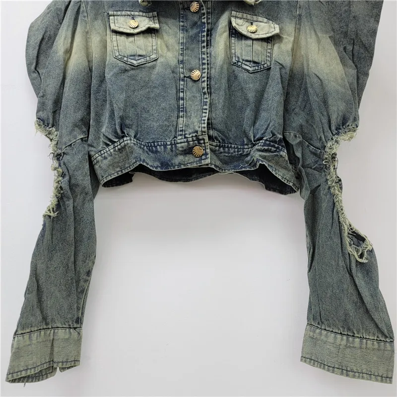 シックな女性用ロングホールバブルスリーブダメージデニムジャケットジーンズコートカウボーイカーディガンハイウエストアウターシングルブレストトップス