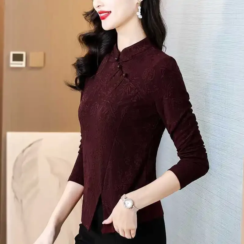 Button Female Fashionable Mother Outfit Encore Red Base Shirt Ethnic Style Retro