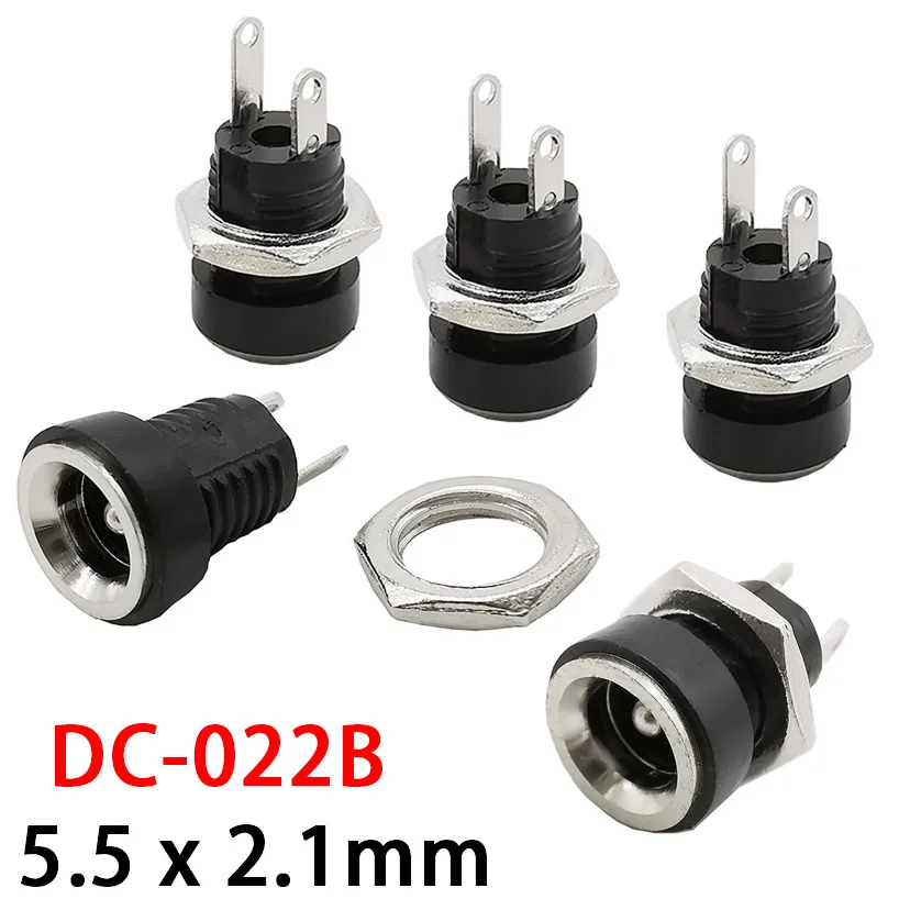 5Pcs DC-022B DC Power Supply Charing Socket Female Jack Panel Mount Connector 5.5 x 2.1mm/5.5 x 2.5mm DC022B 2Leg Terminal Plug