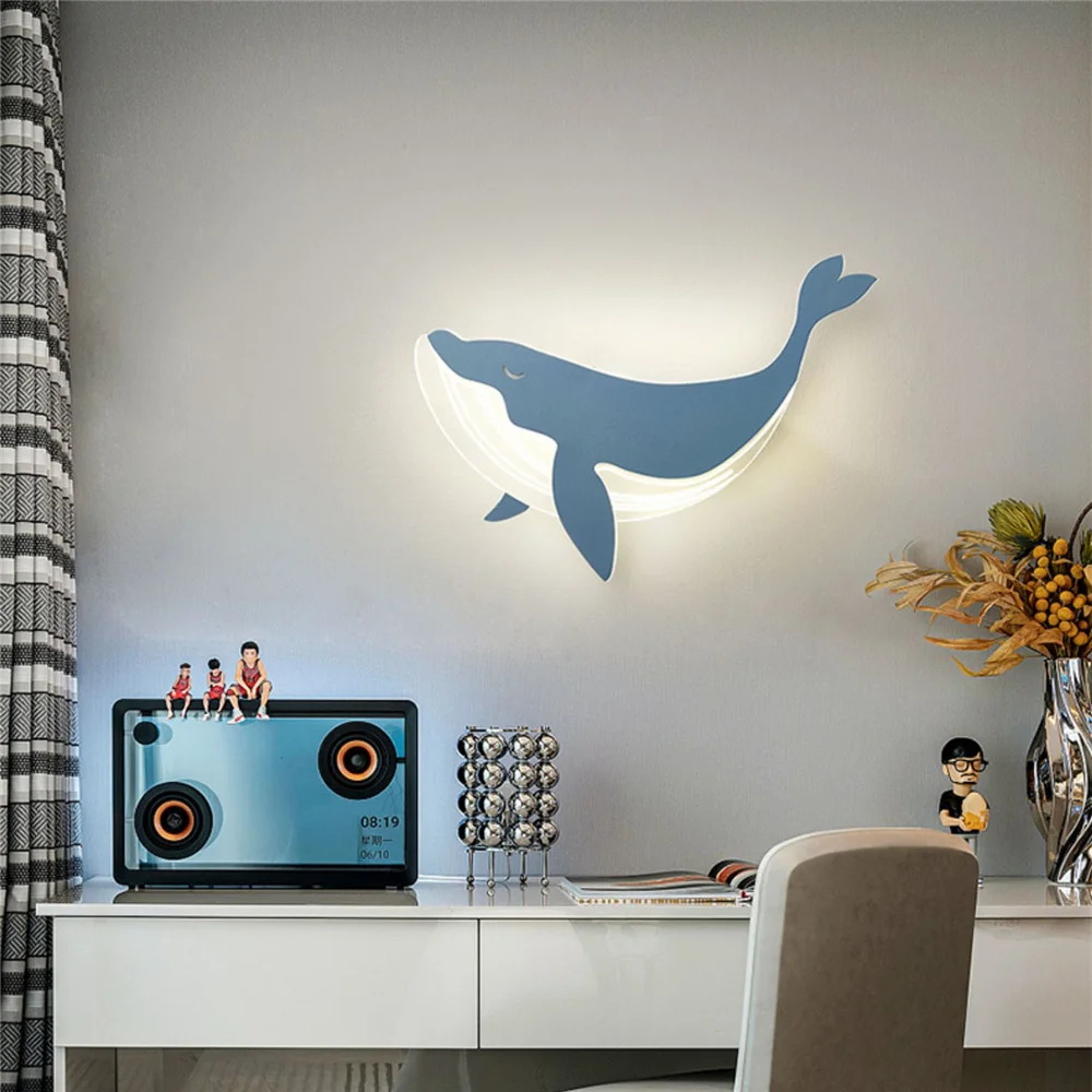 Children\'S Room Blue Dolphin Rabbit Acrylic Led Wall Lamp Kids Bedside Study Hallway Kindergarten Sconces Home Deco Night Lights