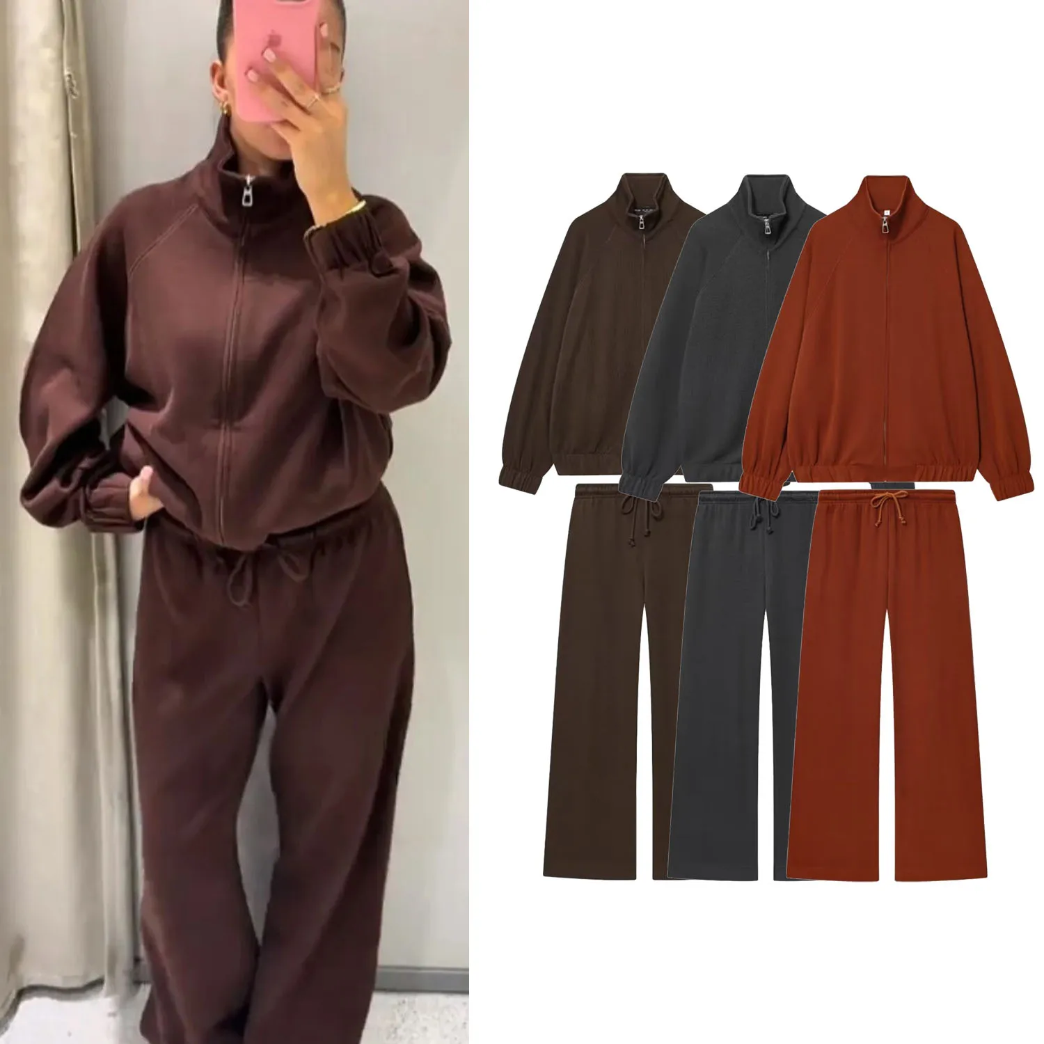 

Осенне-зимний женский комплект из толстых брюк, женские мягкие пуловеры на молнии с длинными рукавами, толстовка или повседневные модные спортивные прямые брюки