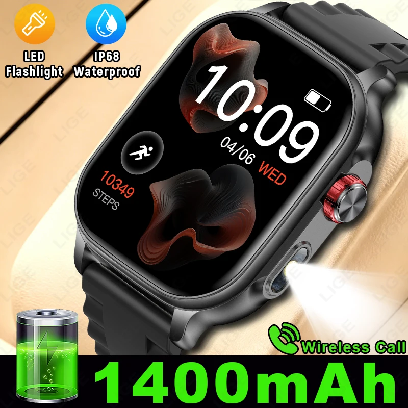 LIGE 2026 TANK 1400mAh Military Smart Watch Men 2.01" HD Screen IP68 Waterproof Clock Call Flashlight Smartwatch For Android iOS