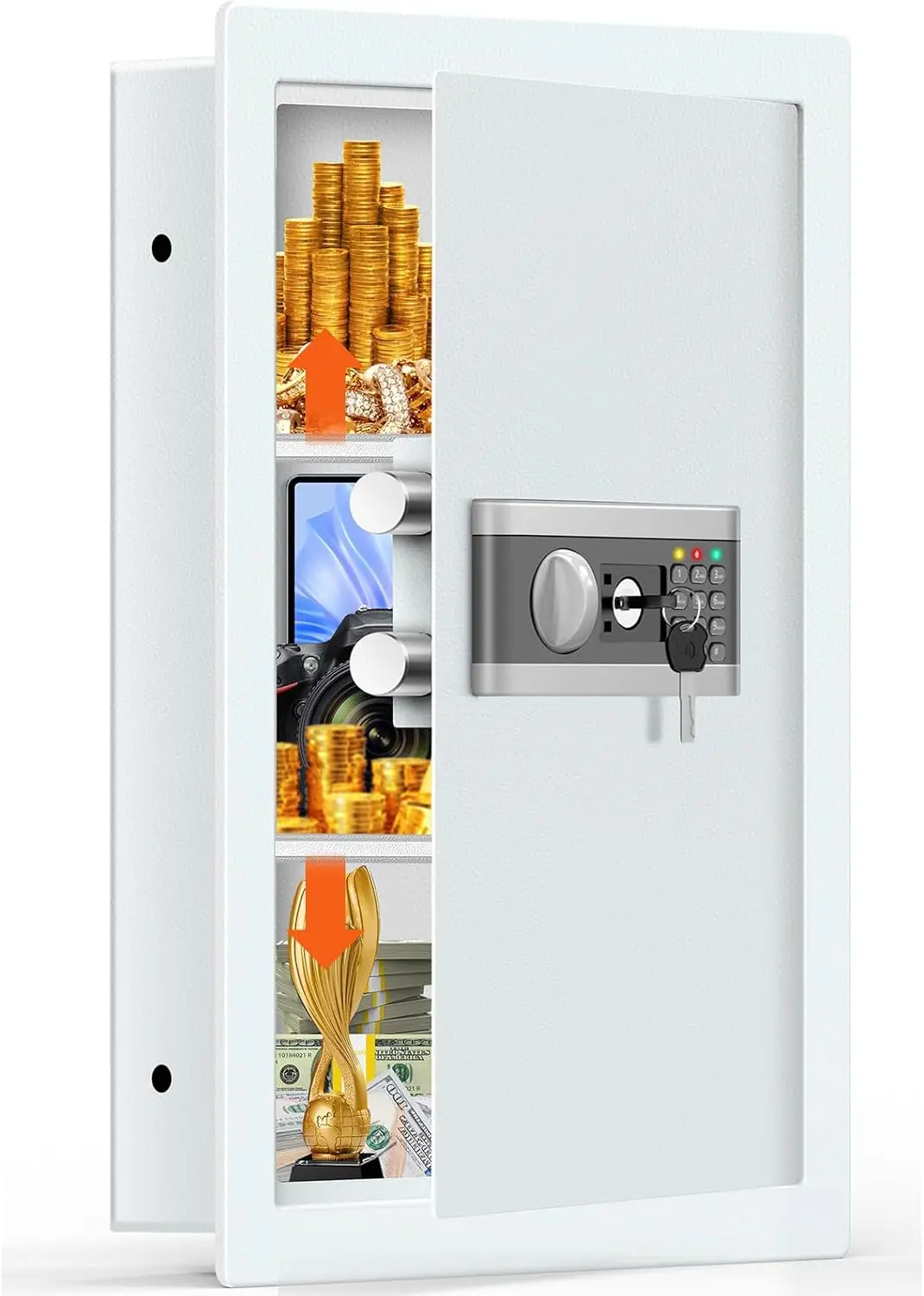 

Огнестойкий настенный сейф высотой 25,6 дюйма для установки между стойками, скрытый, со съемными полками и лотком для денег, ювелирных изделий, паспортов