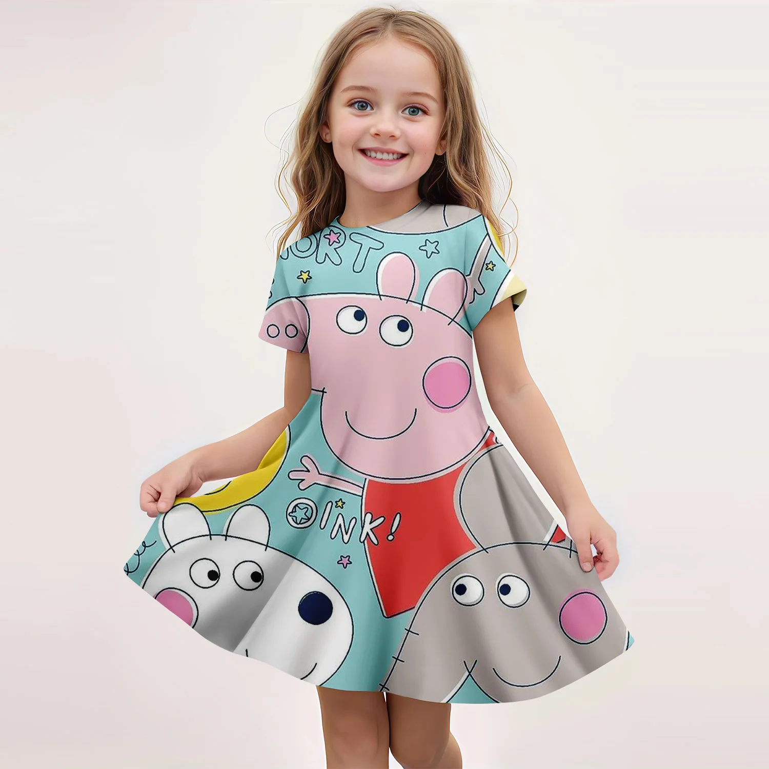 3D Printed Fashion Cartoon Pattern Cute Short Sleeved Dress Cosplay Youth Girl Clothes Peppa Pig Clothes Sweet