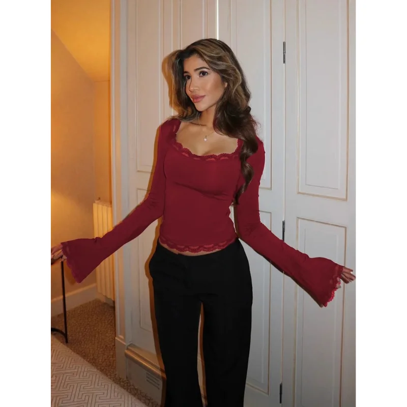 เสื้อยืดผู้หญิงแฟชั่น แขนยาว ดีไซน์โชว์ไหล่ สวยเซ็กซี่ สไตล์ลำลอง ผ้าโพลีเอสเตอร์