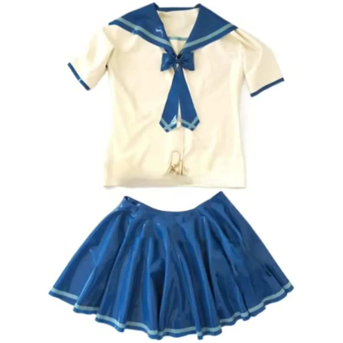 

Sexy Women Latex Outfits Blouse And Skirt Rubber Students Suit Cosplay With Tie Bow