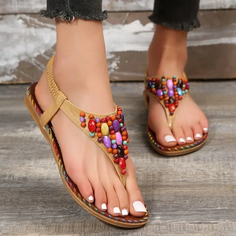 Colorful Beaded Bohemia Sandals Women Summer 2023 Beach Fashion Flat Heels Clip Toe Sandalias Mujer Soft Bottom Rome Shoes Woman